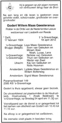 Overlijdensbericht G.W. (Godert) MG (1924-2012)